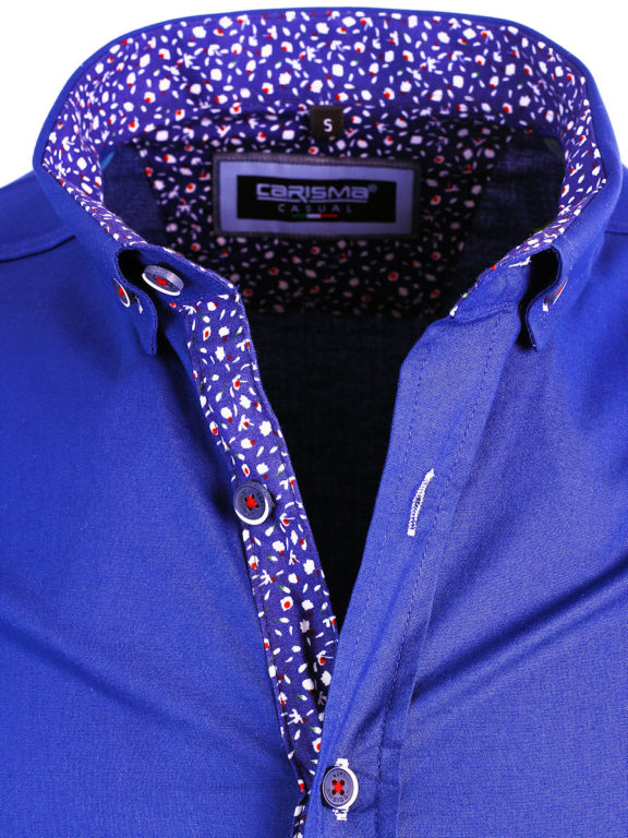 Heren overhemd korte mouw shirt blauw gewerkte boord button down Carisma ()