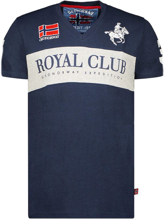T-shirt v-hals blauw Royal Club print Geographical Norway Jahorse (1)
