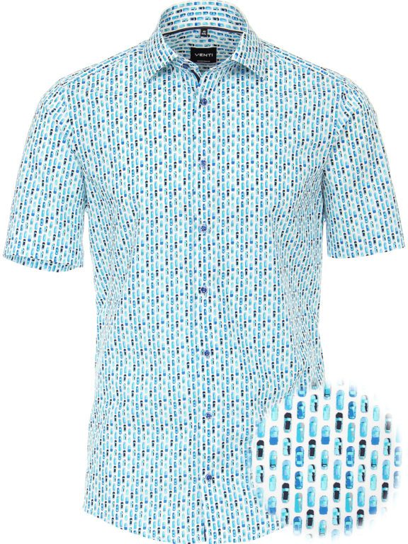Overhemd korte mouw met autootjes motief blauw heren Venti 603467200_350 (1)